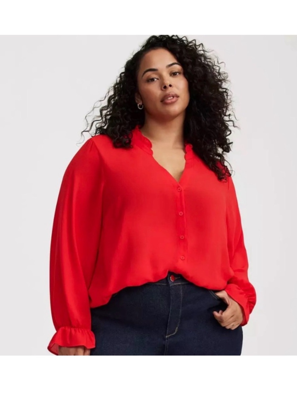 torrid Red V-Neck Button Blouse with Ruffle Cuffs